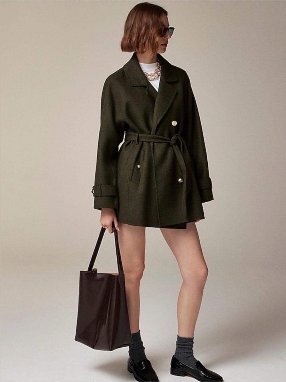 J. Crew Dark Olive Double-Breasted  Trench Coat in Double Faced Wool - Picture 2 of 14